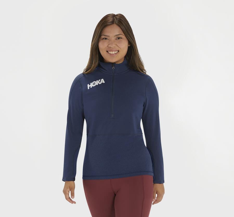 Top Hoka One One Mujer Azul Marino - 1/2 Cremallera Midlayer - FQMN30478